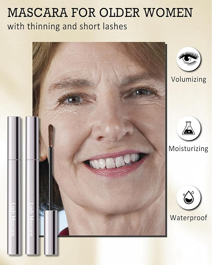 Brown Mascara for Older Women 60 Plus- 2Pcs Tube Máscara Volume and Length for Mature Women with Thinning Lashes, Hypoallergenic Prime Mascara for Sensitive Eyes, Non Clumping Waterproof Long Lasting