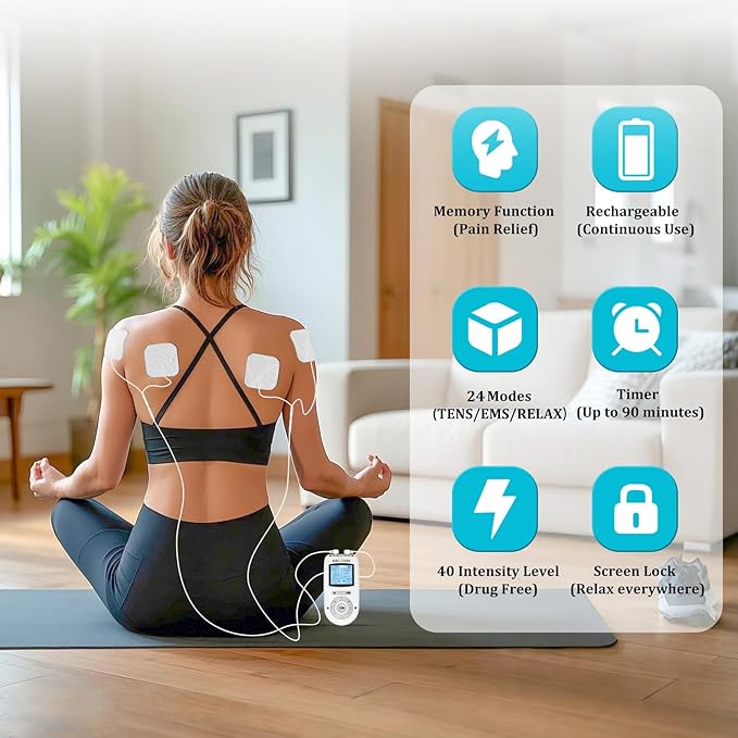 Dual Channel TENS EMS Unit 40 Intensities for Gradual Pain Relief Therapy, 24 Modes Muscle Stimulator, Electronic Pulse Massager with 8 Pads, Dust-Proof Drawstring Storage Bag