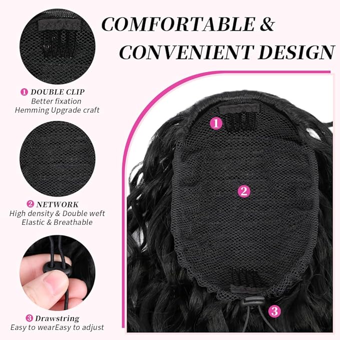 Short Deep Wave 10 Inch Drawstring Ponytail for Women Curly Ponytail Hair Extension Curly Deep Wave Hair Ponytail for Daily Use(Nature Black)