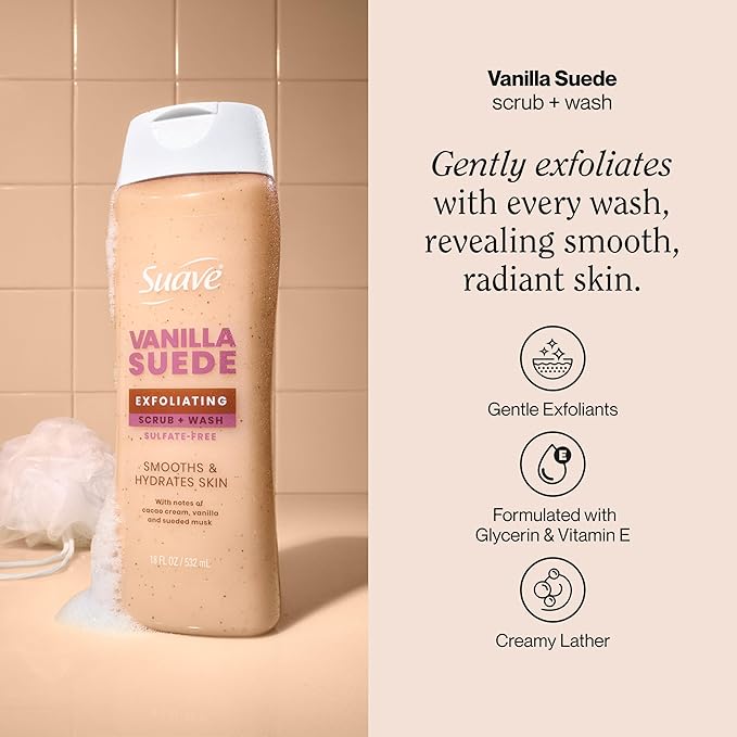 Suave Vanilla Suede Exfoliating Body Wash & Scrub with Glycerin & Vitamin E, Sulfate-Free Hydrating Cleanser for Soft, Smooth Skin, 6 Count, 18 FL OZ EA