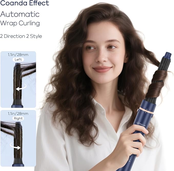 6-in-1 Hair Dryer Brush, 110,000 RPM High Speed Hair Dryer with Air Straightener, 28mm AUTO Curlers, IG INGLAM MegaAIR 2.0 Multi-Styler Set Volumizing and Shape, Prussian Blue