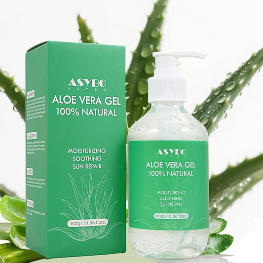 ASYBO Aloe Vera Gel 300 ml – 100% Natural Pure Aloe Vera for Face Body Hair, Soothing and Nourishing Moisturising Aloe Cream for Dry Skin, Sunburn, Acne, After Sun Lotion