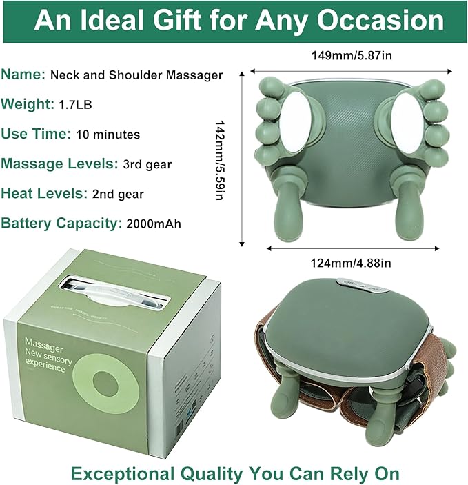 Bionic Neck and Back Massager, 2-Level Heated Shiatsu Massager, 4D Deep Tissue Kneading Massage,Simulated Hand Massage for Pain & Muscle Relief (Green)