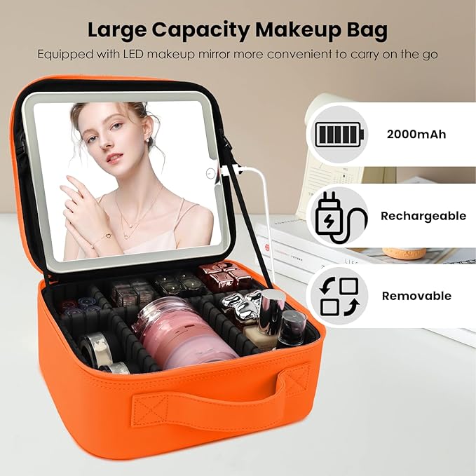 SUILU Travel Makeup Bag with LED Mirror and Light Travel Makeup Case Cosmetic Organizer Portable Cosmetic Brush Organizer Bag with Adjustable Dividers for Cosmetics Makeup Brushes Toiletry (Orange)