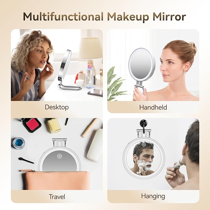 Travel Makeup Mirror with Lights,3000mAh Rechargeable 1X/20X Magnifying Mirror with Light, 7" Portable Lighted Beauty Mirror, Make Up Mirrors with 3 Light Colors, Dimmable Tabletop Handhold Hanging