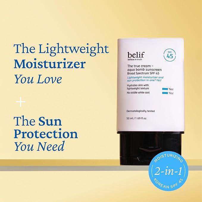 belif Aqua Bomb SPF 45 Hydrating Niacinamide Sunscreen (1.69 fl. oz) - The True Cream PA++++, Daily Broad Spectrum, No White Cast, Weightless & Invisible, Non-Greasy, Korean Skincare | Hydrating, Niacinamide, The True Cream, PA++++, Daily Broad Spectru...