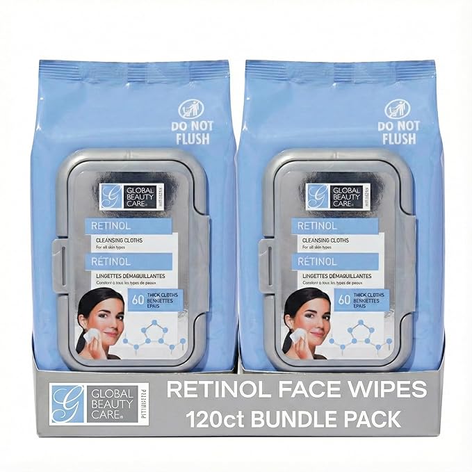 Global Beauty Care Retinol Makeup Remover Wipes - Gentle Daily Facial Cleansing Wipes for Sensitive Skin, Anti-Aging, Hydrating & Renewing For Radiant Smooth Skin, Travel-Friendly, 60 Count (2-Pack)