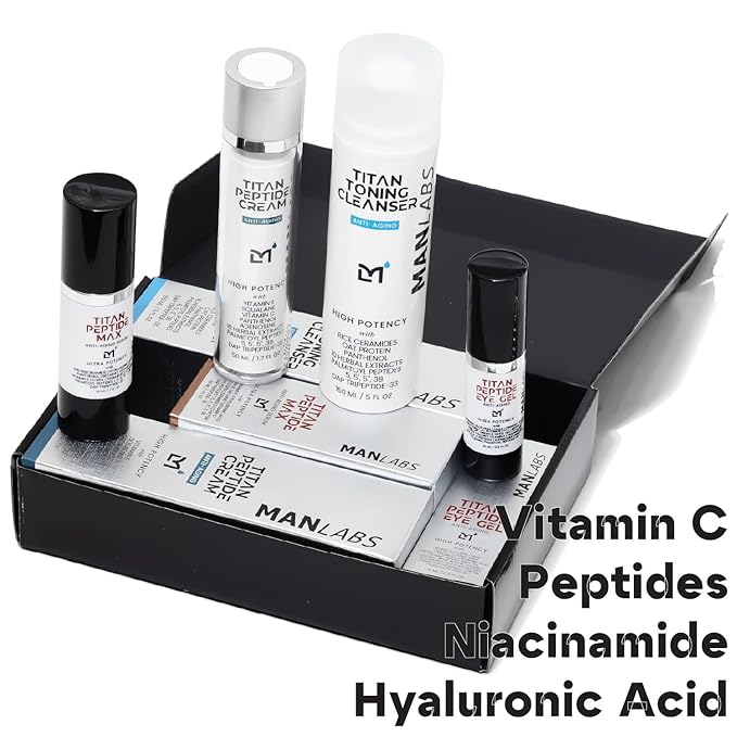 Man Labs Titan Peptide 4-Piece Anti-Aging Mens Skin Care Kit – Wash, Face Serum, Eye Cream, Mens Face Moisturizer – Skin Care for Men – Dark Circles, Wrinkles, Fine Lines – Vitamin C, Niacinamide, HA
