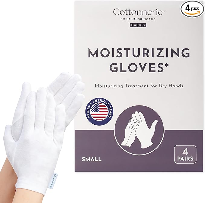 4 Pairs Cottonnerie Basics Cotton Gloves for Dry Hands Sleeping, Moisturizing Gloves Overnight, Hand Moisturizer Gloves, Moisture Gloves for Dry Hands Overnight, Sleeping Gloves, Small