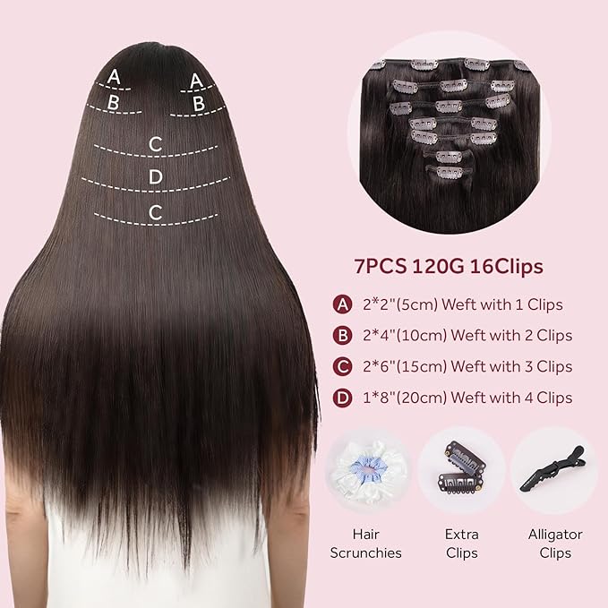 Clip in Hair Extensions Real Human Hair, Remy Human Hair Clip in Extensions for Long Hair, Dark Brown Straight Hair Extensions Add Volum add Length #2 16Inch 120G 7PCS