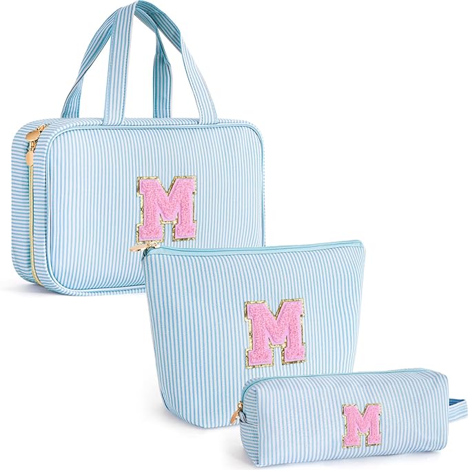 Fystdtote Christmas Gifts for Grandkids Stocking Stuffers for Teen Girls Mom Gifts Initial Toiletry Makeup Bag Birthday Gift Travel Cosmetic Bags Travel Essentials - Blue M