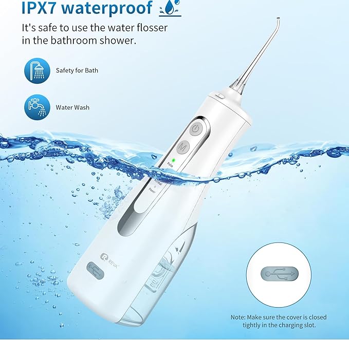 R REVA Cordless Oral Irrigator - 4 Modes Water Flosser for Teeth Cleaning, 300ML Reservoir, 360° Nozzle, IPX7 Waterproof, 2000mAh Rechargeable Battery, 4 Jet Tips, Smart Memory Function (M149 - White)