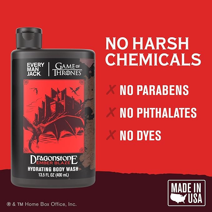Every Man Jack Game of Thrones Collectors Body Wash - Clean Ingredients - Dragonstone - Ember Blaze Scent - 13.5 oz (Pack of 2)
