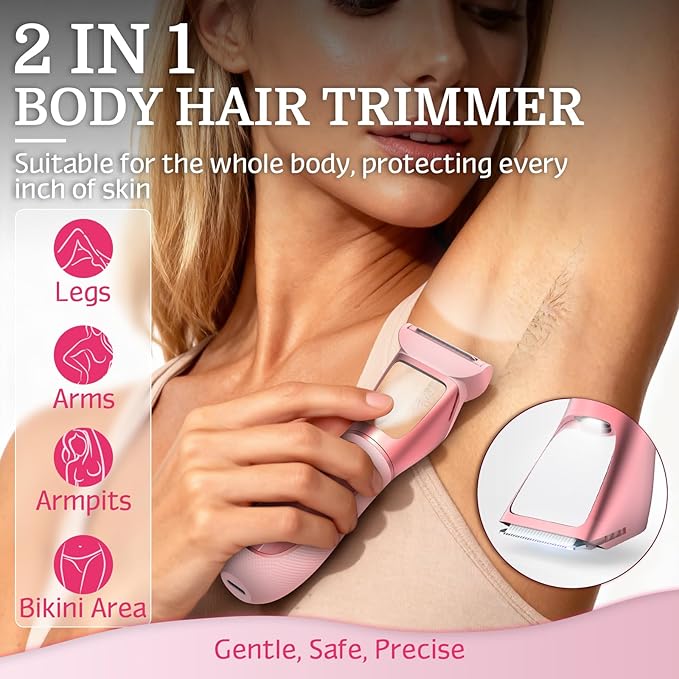 Bikini Trimmer for Women Men, 2 in 1 Electric Razors Shaver, IPX7 Waterproof Body Hair Trimmer with Mirror, LED Light & Display, Painless Pubic Hair Removal, Pink