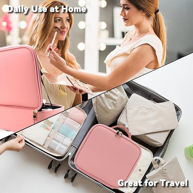 SLUMAZI Travel Makeup Bag with LED Mirror and 10x magnifying glass with 3 Lighted Settings, Adjustable Dividers and Makeup Brush Storage Bag Pink