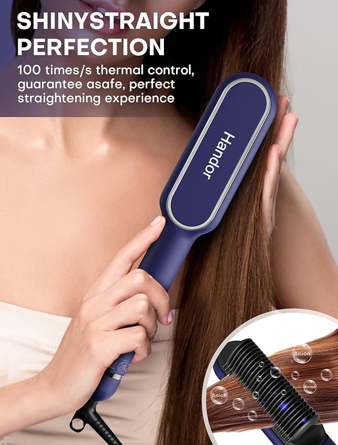 Pro Ionic Hair Straightener Brush for Women - 9 Temp Settings with LED Display, 20s Fast Heat (250°F-410°F), Dual Voltage & Travel Bag for Frizz-Free Salon Finish