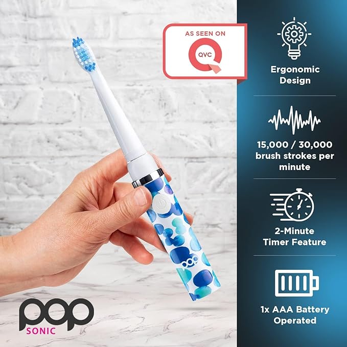Pop Sonic Electric Toothbrush (Blue Bubbles + 6 Brush Heads) - Travel Toothbrushes w/AAA Battery | Kids Electric Toothbrushes with 2 Speed & 15,000-30,000 Strokes/Minute, Dupont Nylon Bristles