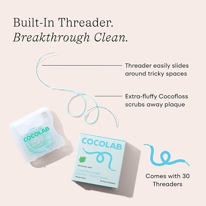 Cocofloss CocoPlush Threaders, Dental Floss for Implants, Bridges, and Braces, Mint, Waxed, Dentist-Designed Oral Care with Coconut Oil, 30 Per Pack