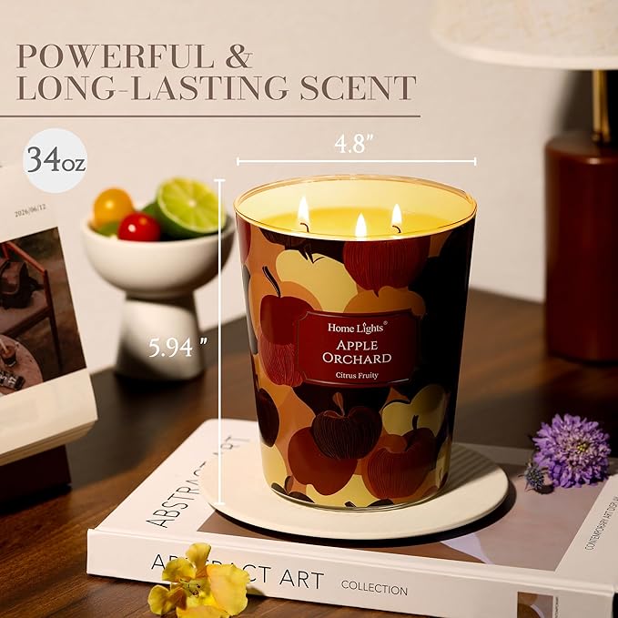 HomeLights Scented Candles | Large Jar 34 Oz Natural Soy Candle | 130 hrs Long-Lasting with 3 Wicks | Eclectic Mixed Styles Home Decor | Gifts for Mom & Women, Apple Orchard