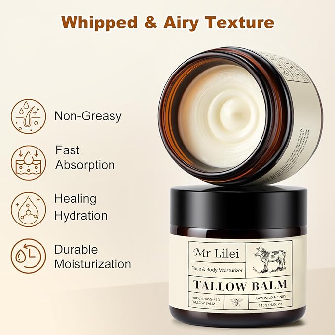 Beef Tallow for Skin, Grass-Fed Beef Tallow Balm, Beef Tallow Cream, Face & Body Moisturizer Restores Skin Barrier, Soothes Dry Sensitive Skin, Beef Tallow Honey Balm Whipped with Beeswax & Olive Oil