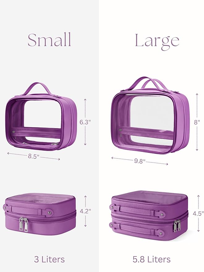 Oaque Clear Cosmetic Bag Double Layer Travel Toiletry Bag Clear Makeup Bag Case with 4 Compartments, Transparent Travel Bag for Toiletries, Large Toiletry Bag for Women Cosmetic Case (Purple, Large)