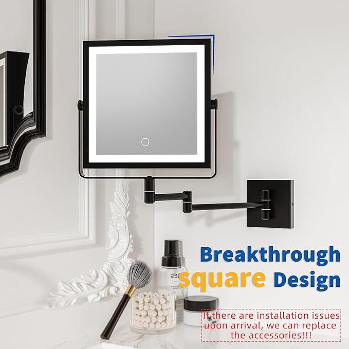 Ruacq Rechargeable Wall Mounted Makeup Mirror with Lights, Double Sided 1X/7X Magnifying Vanity Mirror with 3 Color Lighting, Touch Screen Dimmable, 360° Rotation Extension Foldable Arm(Matte Black)