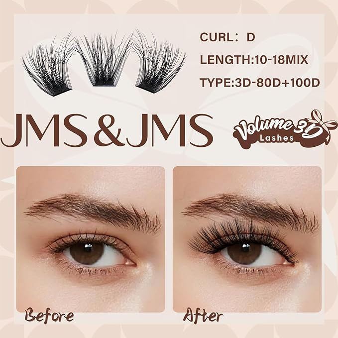JMS&JMS Lash Clusters Kit 3D Effect Lash Extension Kit 80D 100D Fluffy Lash Clusters D Curl Lash Lift Kit with Lash Bond and Seal Waterproof, Lash Applicator, Thick False Eyelashes Kit (10-18MIX)