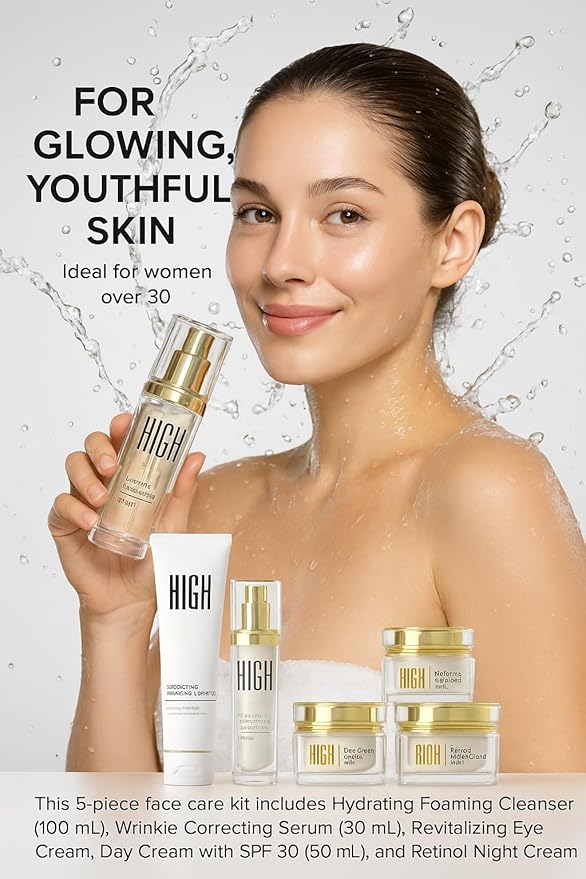 Skin Care Set (5 Pcs) Eternity by High Cosmetic Agency, Complete Anti-Aging Kit with Retinol Night Cream, Vitamin C Serum, Hydrating Cleanser, Eye Cream & Day Moisturizer with SPF 30