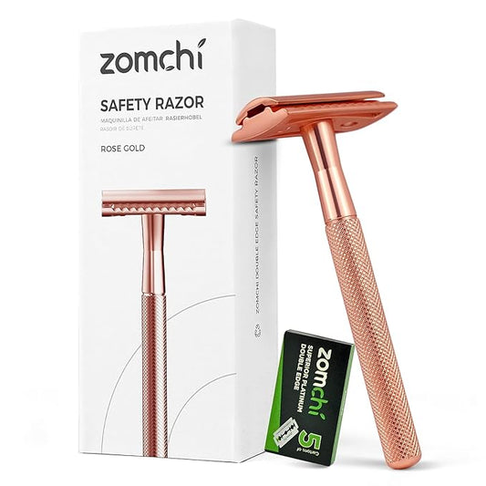 ZOMCHI Safety Razor for Men&Women with 5 Double Edge Safety Razor Blades, Double Edge Razor, Reusable Razor, Plastic Free – Rose Gold