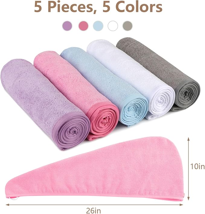 AIDEA Microfiber Hair Towel Wrap, 5 Pack Turbans, Super Absorbent Quick Dry for All Hair Types, Anti-Frizz Accessories for Women, 26"10"