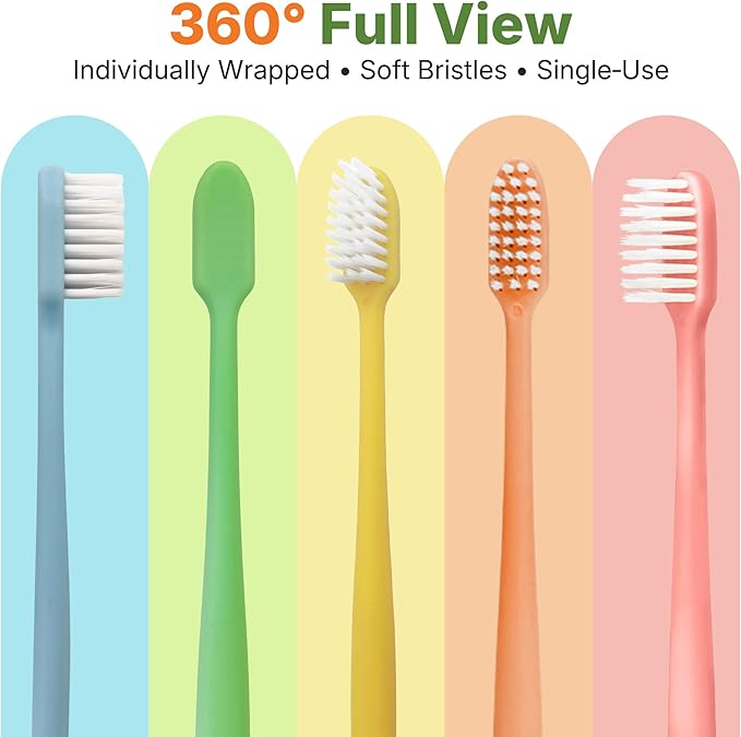 200 Pack Disposable Toothbrushes Bulk – Individually Wrapped Soft Bristles Single Use for Adults & Kids, Travel Hotel Guest Dental Office Donation Emergency Hygiene,Minimalist Design 5 Colors
