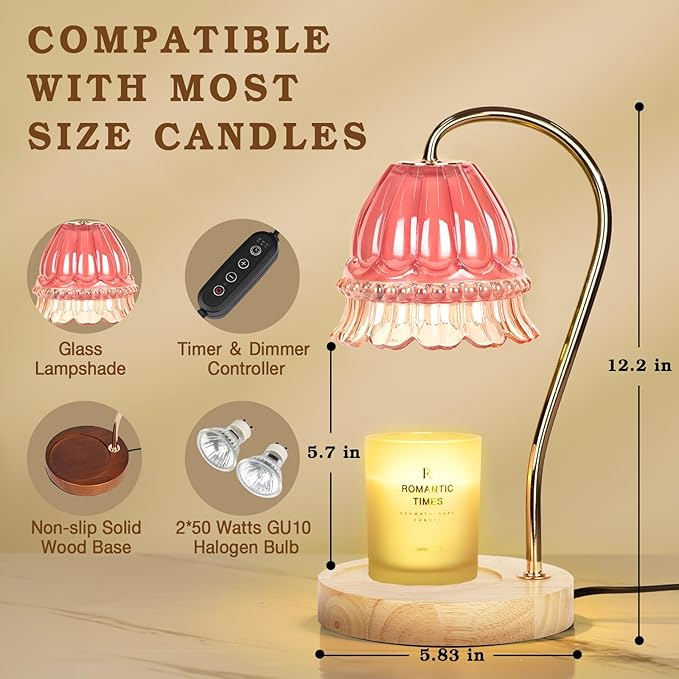 Flower Candle Warmer Lamp with Timer, Wax Warmer, Height Adjustable, Birthday Gifts for Women, Mom, Sister, Candle Lamp Warmer Christmas Gifts, Electric Dimmable Candle Warmer, Vintage Home Decor
