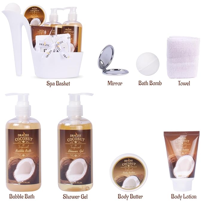 Valentine's Day Gifts for Her - 8 Pcs Luxury Coconut Scented Heel Shoe Bath and Body Spa Basket - Shower Gel, Bubble Bath, Body Butter, Lotion & More - Gift for Women, Mom, Wife, Girlfriend by Draizee