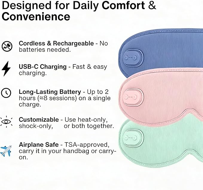 Menorelief Eye Mask, Menorelief Under Eye Mask Travel Case, Light Blocking 3D Sleeping Eyes Masks with Adjustable Heat, Better Sleep, Men & Women (Pink)