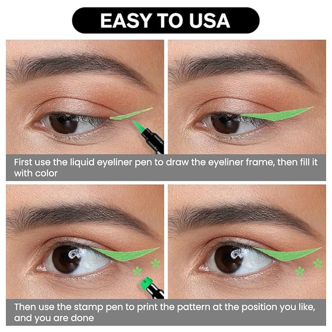 BINGBRUSH Double-head Liquid Stamp Eyeliner Pencil, Colors Flowers Heart Moon Star Shapes Face Stamps Makeup Colorful Waterproof Slim Gel Felt Tip High Pigment Liquid Eyeliner (09#Flower & Green)