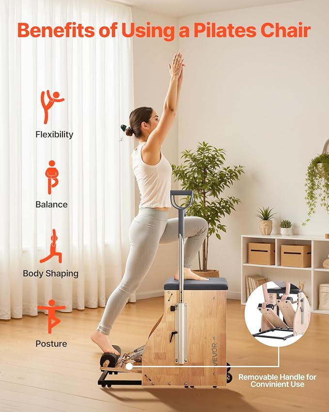 VEVOR Pilates Chair, Split-Pedal Stability Combo Chairs with Handles, Rubber Wood Frame Yoga Fitness Trainer, Exercise Reformer, Pilates Resistance-Workout Equipment, for Home Gym Studio Workout