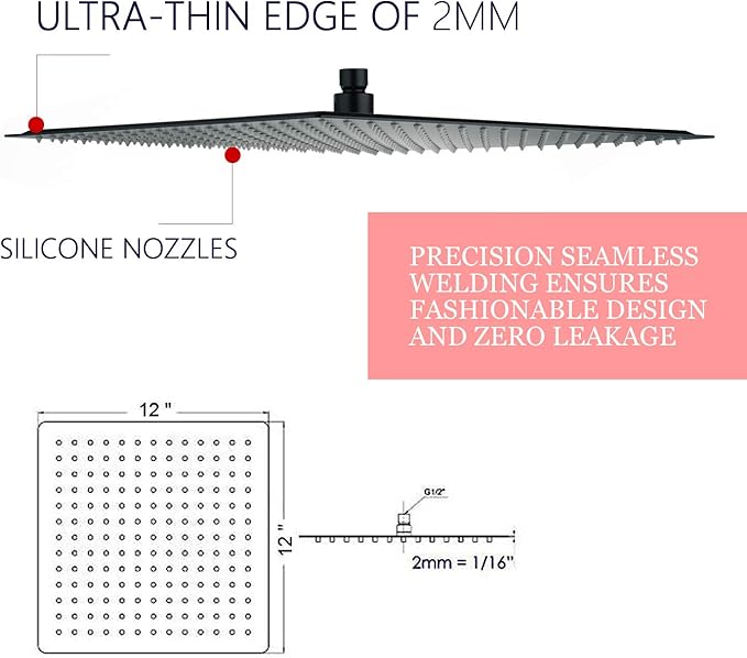 Shower Head,12 Inch Rainfall Shower Head in Matte Black,High Presssure Adjustable Ultra-Thin Stainless Steel Top Sprayer