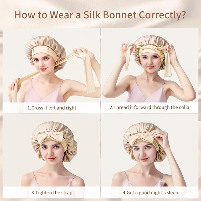 Silk Bonnet for Sleeping Women, 22 Momme 100% Mulberry Silk Sleep Cap with 2 Matching Silk Scrunchies, Double-Sided Wearable Hair Bonnet for Night Hair Care and All Hair Types - Light Gold