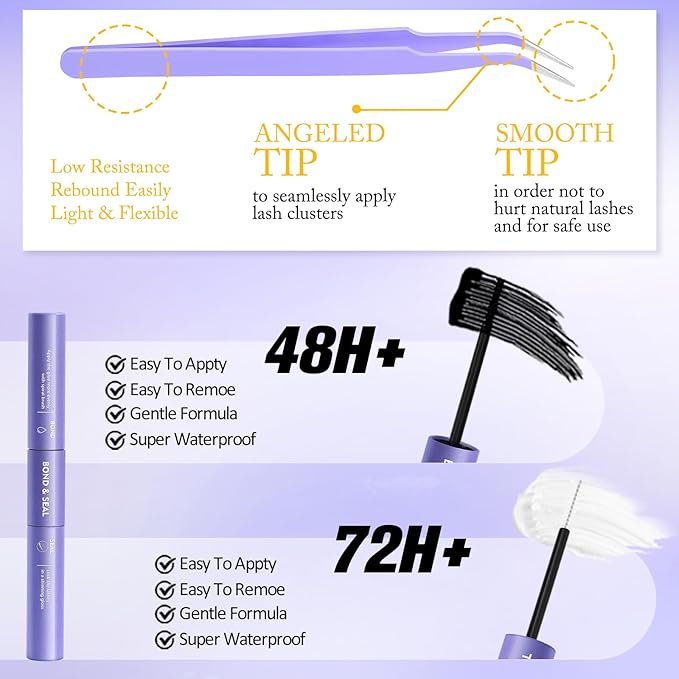 Lash Clusters 240 PCS Lash Clusters DIY Lashes Extensions Kit Soft Natural Eyelashes 10-16mm Individual Lashes Super Thin Band Eyelashes with Bond & Seal, Lash Tweezer Kit