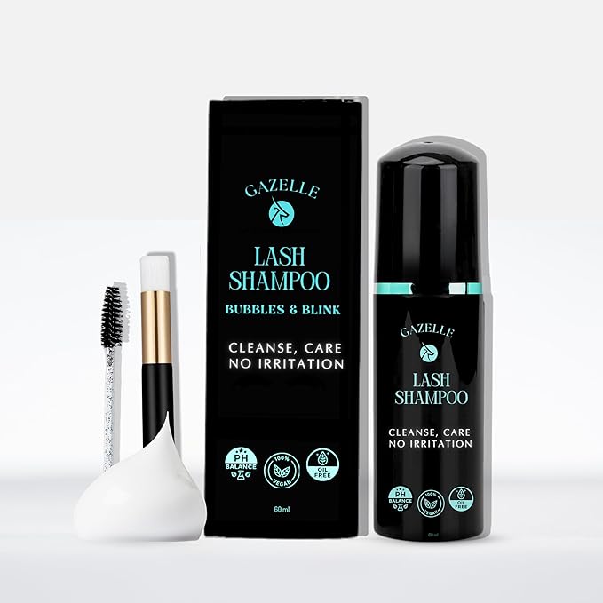 Gazelle Eyelash Shampoo with Brush – 60ml Plant-Based Eyelash Extension Cleanser, Gentle Foaming Lash Cleaning Kit Removes Makeup, Dirt & Oil – No Irritation, No Burning – Salon & Home Use