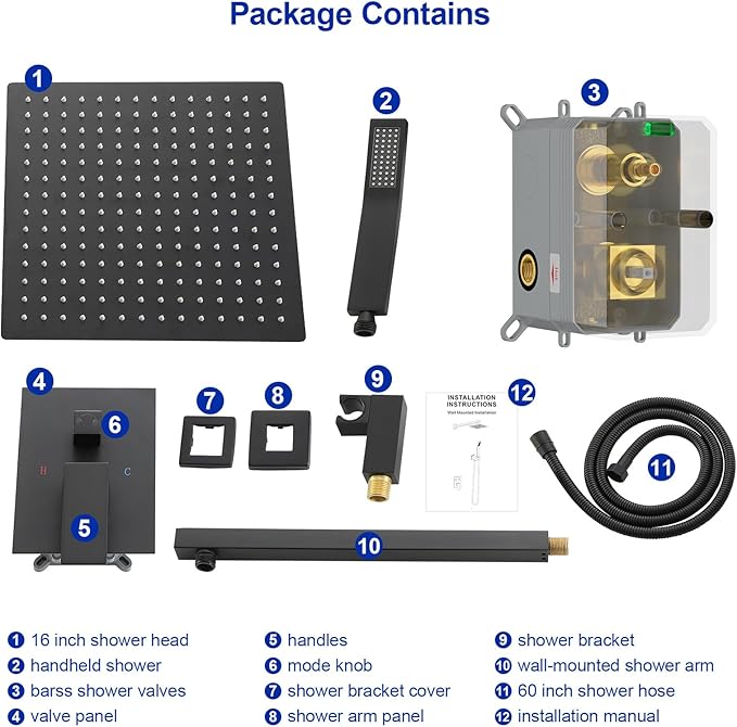 Dcolora Rainfall Shower System with Handheld, Matte Black Shower Faucet Set for Bathroom, Brass Valve, 304 Stainless Steel, Anti-Scald cUPC Certified(Matte Black, 16 Inch)