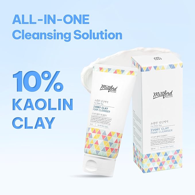 Millford Ivory Clay Foam Cleanser 150ml/5.1 fl.oz – Deep Pore Cleansing Facial Wash, Kaolin Clay + Glycerin Formula for Sebum Control, Oil Balance & Enlarged Pores, Korean Skincare for All Skin Types