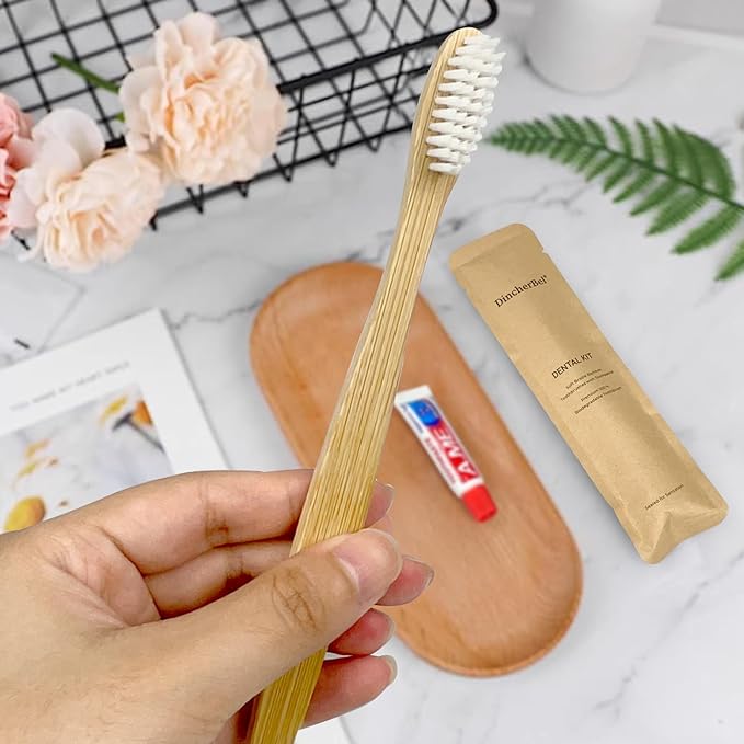 DincherBel Bamboo Toothbrushes Kit Bulk, Disposable Toothbrushes with Toothpaste(6g), Individually Wrapped Toiletries Amenities for Hotel, Airbnb, Homeless, Shelter, Camping and Travel (100 Pack)