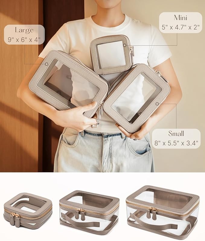 Oaque Clear Cosmetic Bag Set for Women Makeup Bag with Handle, 3 Pcs Travel Toiletry Bag Transparent Cosmetic Case Portable Make Up Organizer Bag for Essentials (Stone, Mini+S+L)