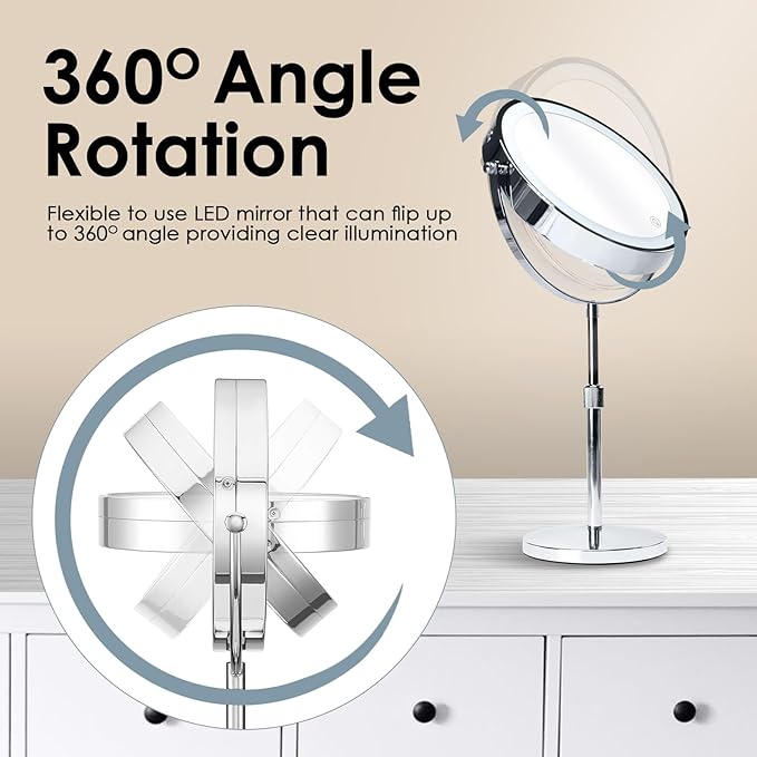 Magnifying Mirror with Light，1X/10X Double Sided Makeup Mirror with Lights and Magnification with Adjustable Height and 3 Colors Vanity Mirror with Lights for Vanity or Bathroom
