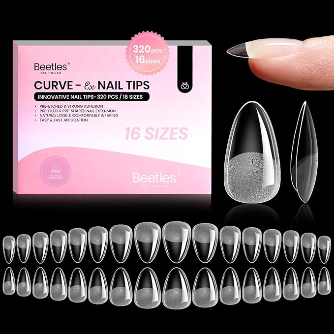 Beetles Gel Nail Tips Curve-EX - Almond Short, 320pcs 16 Sizes, Etch-X Half Matte Full Cover Soft Acrylic False Press on Nail Tips Easy DIY Nail Extension Art Salon for Curved & Natural Nail Beds