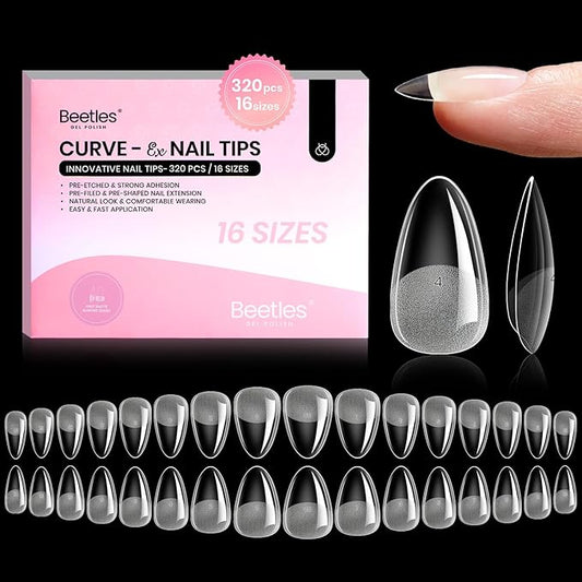 Beetles Gel Nail Tips Curve-EX - Almond Short, 320pcs 16 Sizes, Etch-X Half Matte Full Cover Soft Acrylic False Press on Nail Tips Easy DIY Nail Extension Art Salon for Curved & Natural Nail Beds
