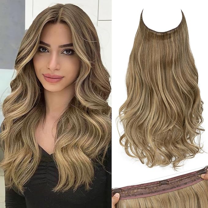 SARLA Invisible Wire Hair Extensions Short Wavy Curly Synthetic Hairpiece with 3 Clips for Women Adjustable Transparent Headband 14 Inch Sandy Brunette