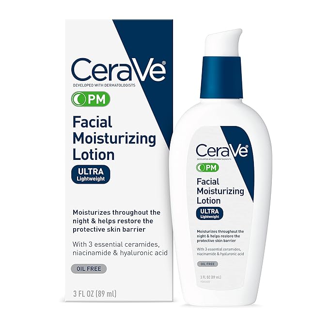 CeraVe PM Facial Moisturizing Lotion, Night Cream with Hyaluronic Acid and Niacinamide, Ultra-Lightweight, Oil-Free Moisturizer for Face, 3 Ounce