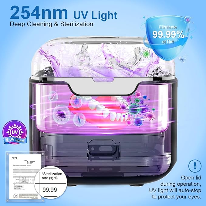 Ultrasonic Retainer Cleaner Machine, 48kHz Ultrasonic Dentures Cleaner with Timer & 4 Modes, 240ML Dental Pod for Mouth Guards, Braces, Aligner, Toothbrush, Jewelry, Makeup tool (Black)